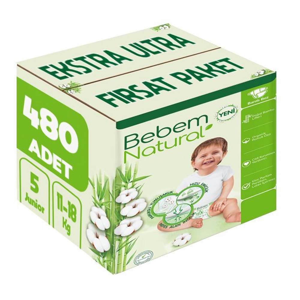 Bebem Bebek Bezi Natural 5 Beden 11-18 KG Junior 480 Adet Ekstra Ultra Fırsat Pk