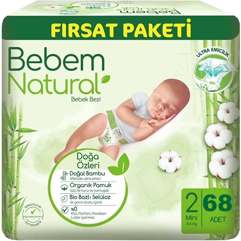 Bebem Bebek Bezi Natural 2 Beden 3-6 KG Mini 272 Adet Avantaj Fırsat Pk