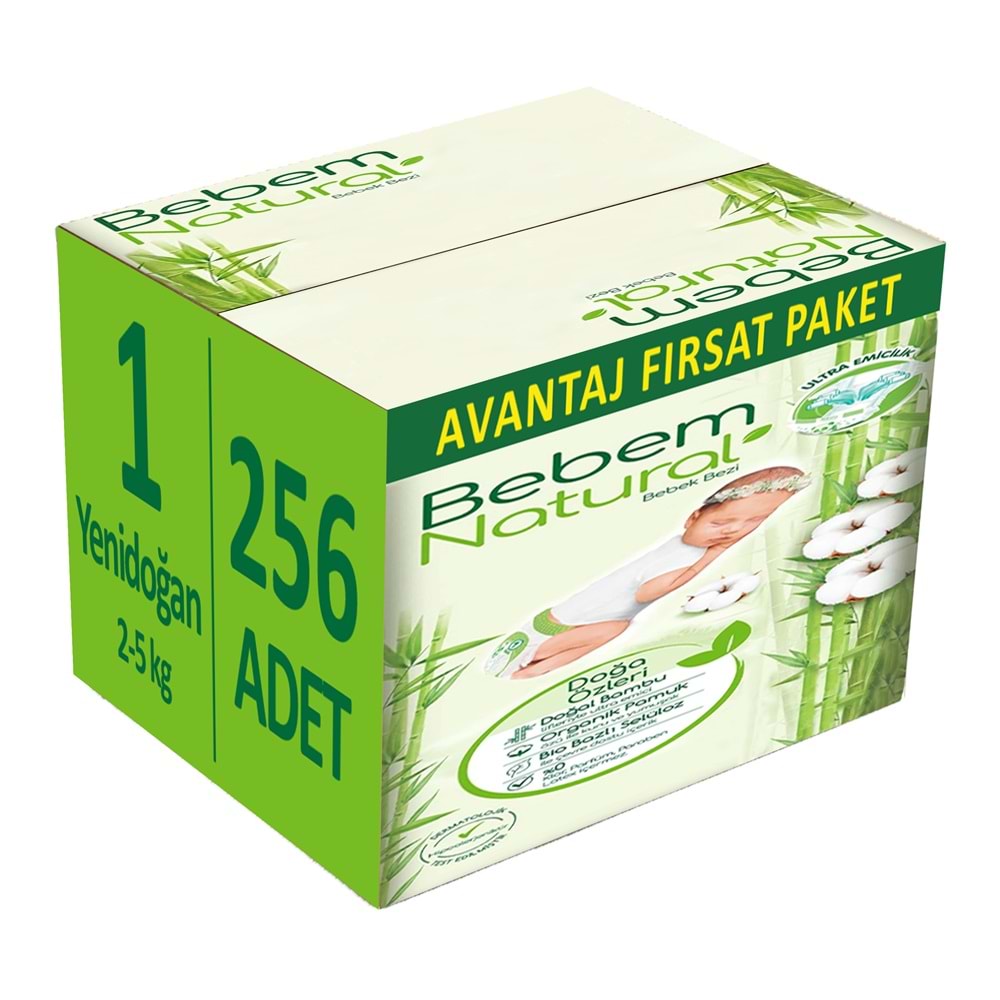 Bebem Bebek Bezi Natural 1 Beden 2-5 KG Yenidoğan 256 Adet Avantaj Fırsat Pk