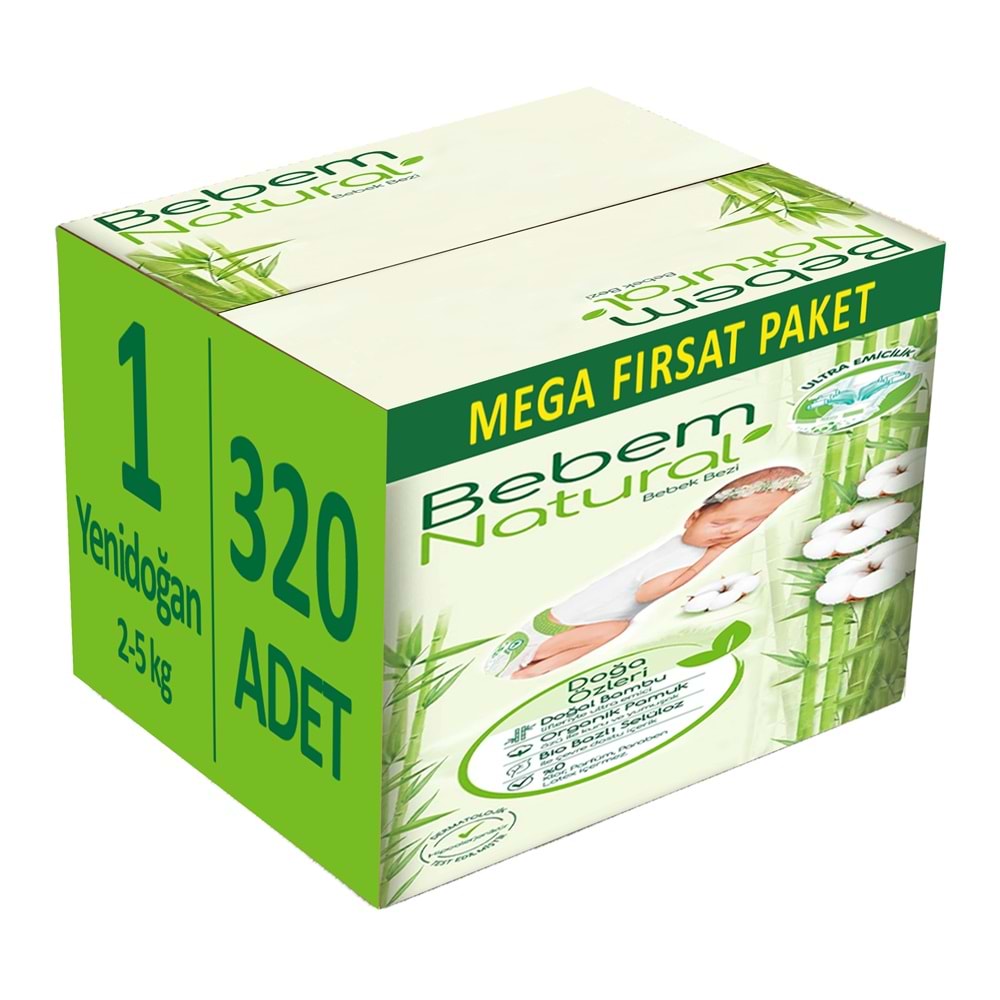 Bebem Bebek Bezi Natural 1 Beden 2-5 KG Yenidoğan 320 Adet MeGa Fırsat Pk