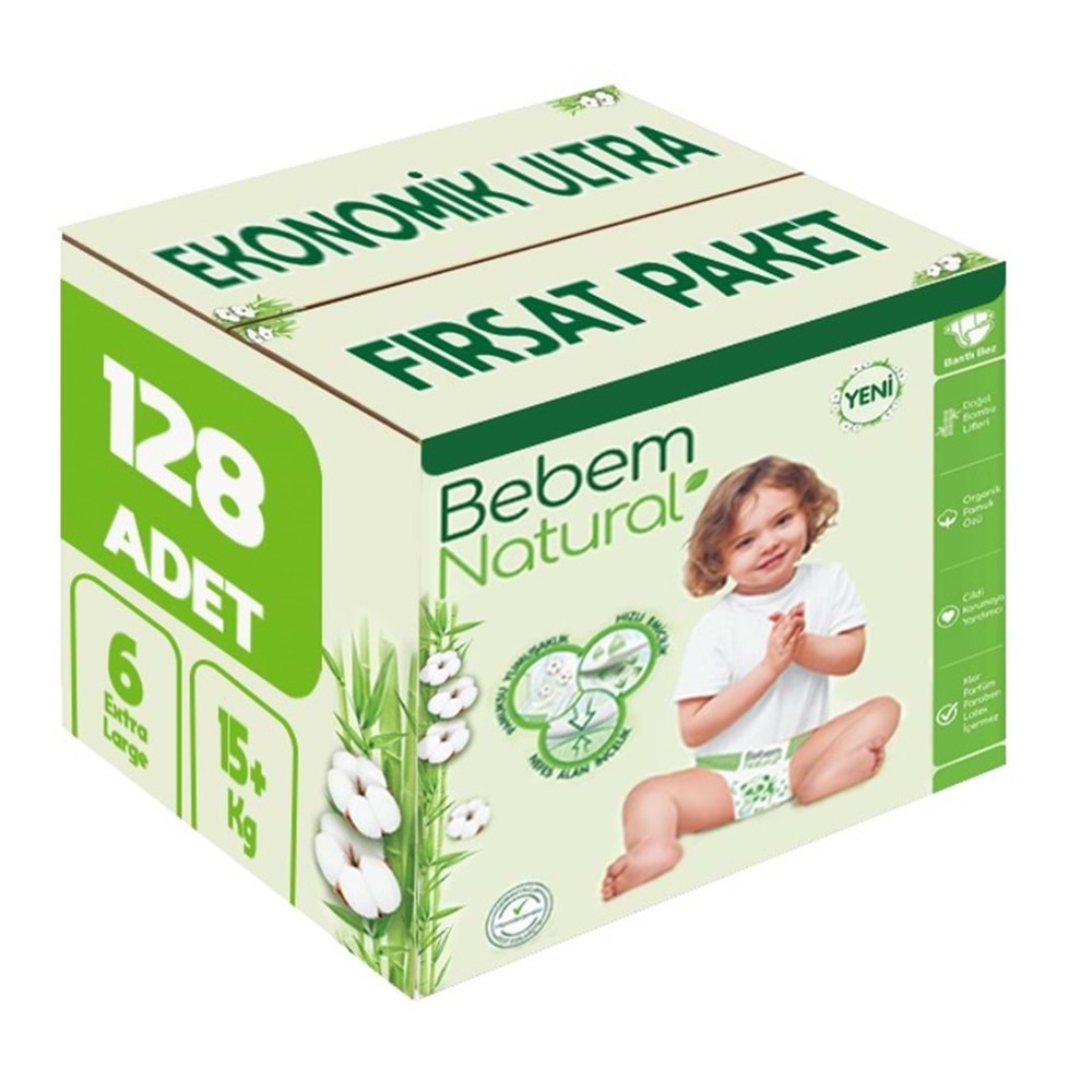 Bebem Bebek Bezi Natural 6 Beden 15+ KG Extra Large 128 Adet Ekonomik Ultra Fırsat Pk
