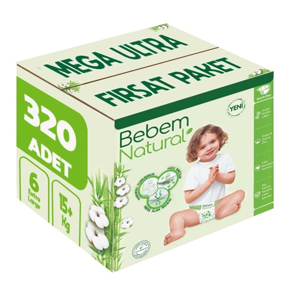Bebem Bebek Bezi Natural 6 Beden 15+ KG Extra Large 320 Adet MeGa Ultra Fırsat Pk
