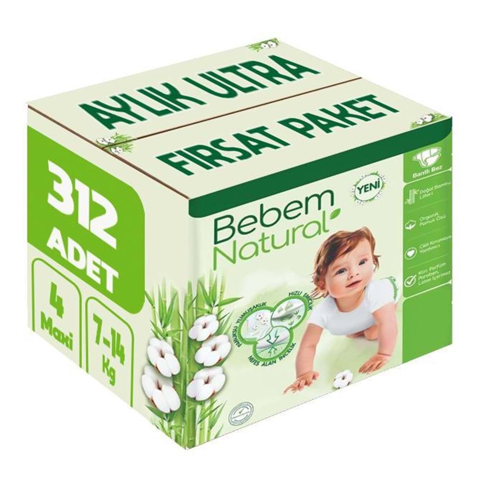 Bebem Bebek Bezi Natural 4 Beden 7-14 KG Maxi 312 Adet Aylık Ultra Fırsat Pk