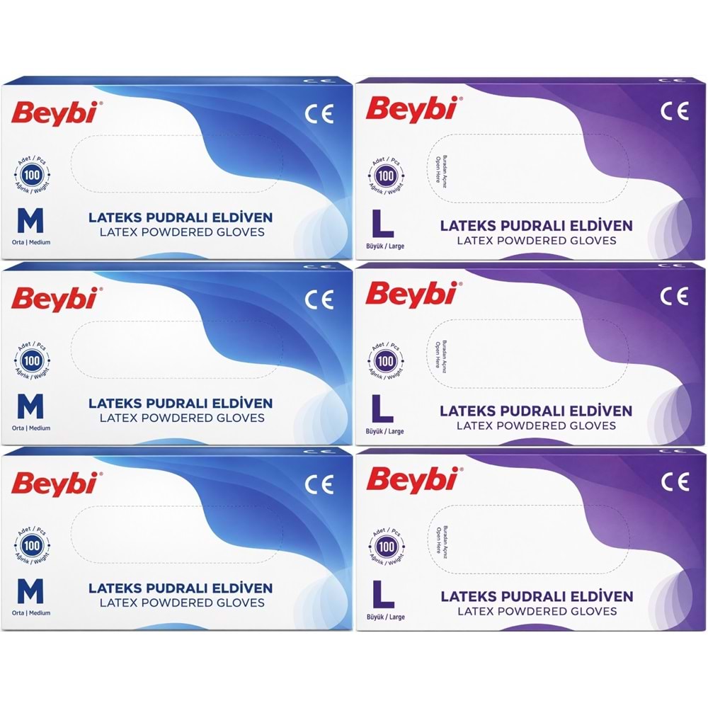 Beybi Lateks Pudralı Muayene Eldiveni M - Medium - Orta / L - Large - Büyük Karma 600 Lü Set