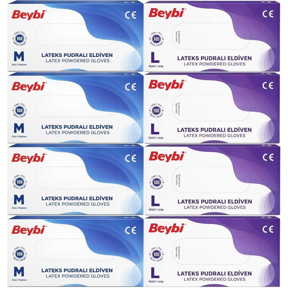 Beybi Lateks Pudralı Muayene Eldiveni M - Medium - Orta / L - Large - Büyük Karma 800 Lü Set