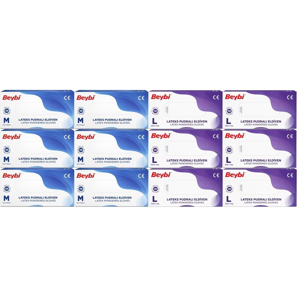 Beybi Lateks Pudralı Muayene Eldiveni M - Medium - Orta / L - Large - Büyük Karma 1200 Lü Set