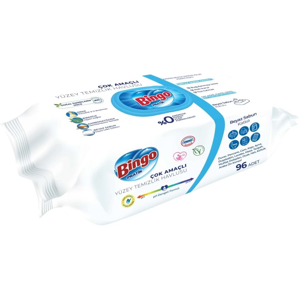 Bingo Clean Yüzey Temizlik Havlusu 96 Yaprak Beyaz Sabun Plastik Kapaklı (9 Lu Set) 864 Yaprak