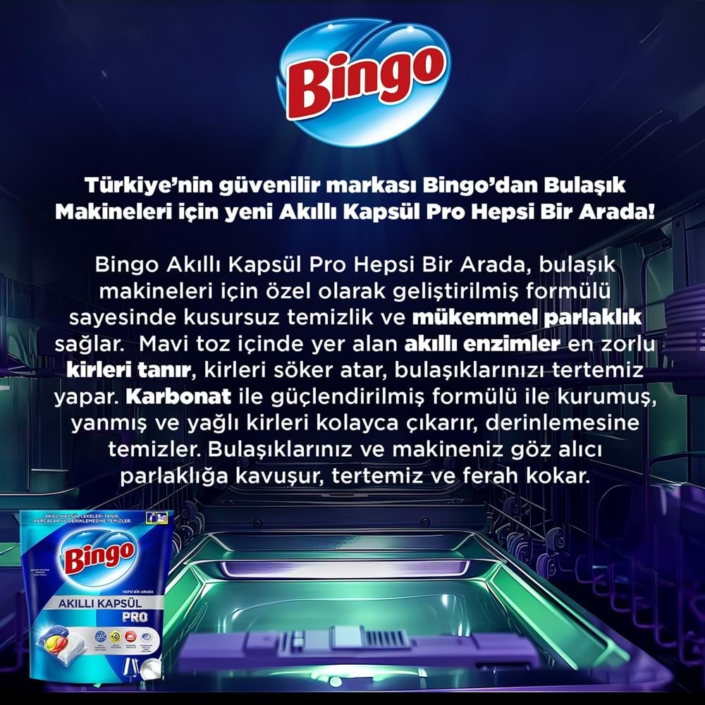 Bingo Akıllı Kapsül Pro Bulaşık Makinesi Deterjanı Tableti 160 Adet Limon Kokulu (2PK*80)