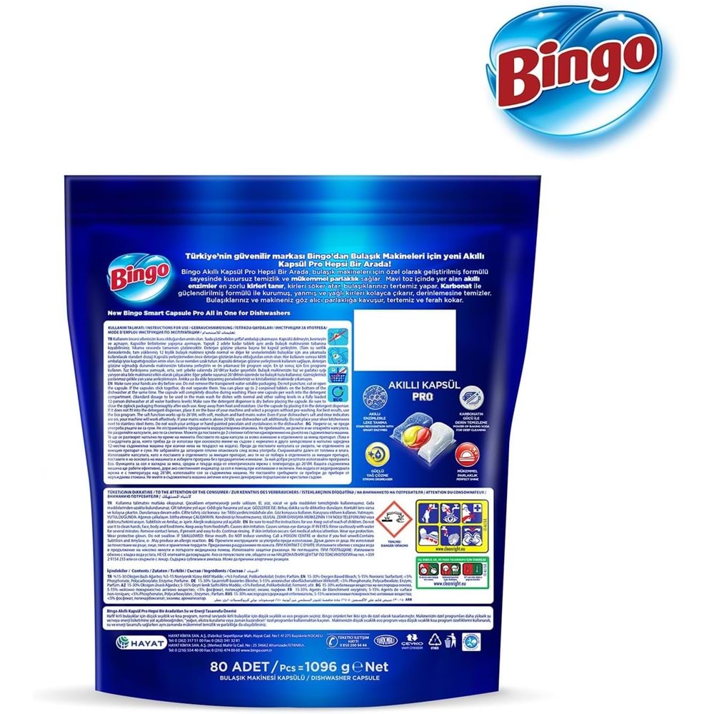Bingo Akıllı Kapsül Pro Bulaşık Makinesi Deterjanı Tableti 240 Adet Limon Kokulu (3PK*80)