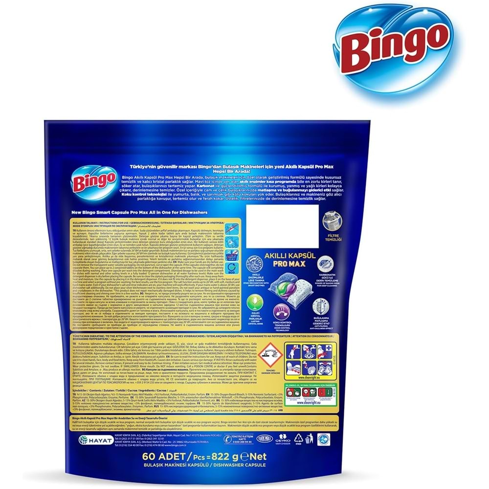 Bingo Akıllı Kapsül Pro Max Bulaşık Makinesi Deterjanı Tableti 300 Adet Limon Kokulu (5PK*60)