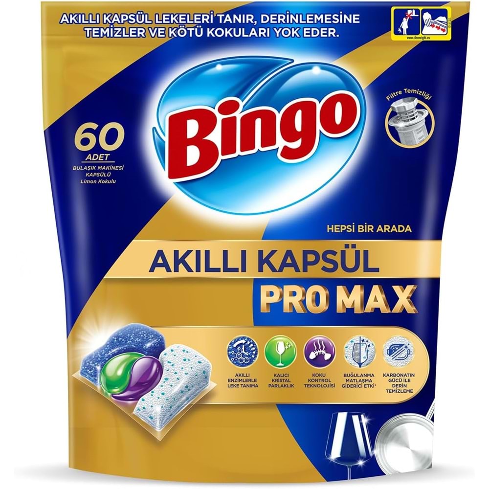 Bingo Akıllı Kapsül Pro Max Bulaşık Makinesi Deterjanı Tableti 360 Adet Limon Kokulu (6PK*60)