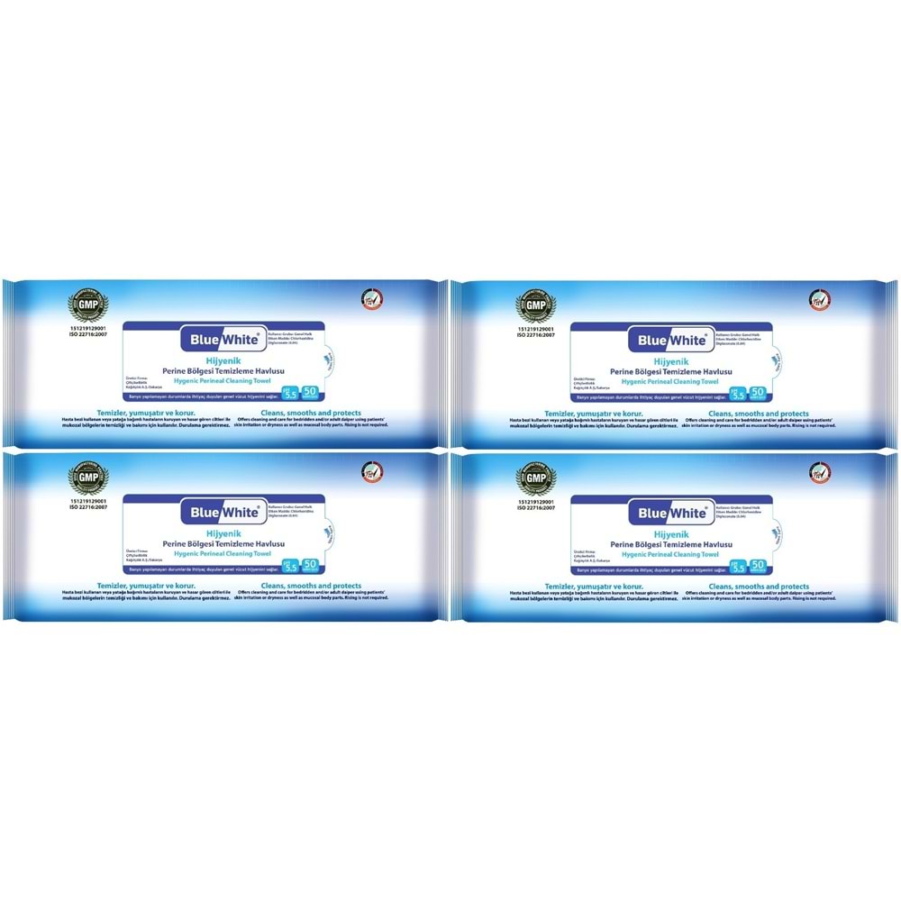 BlueWhite Yetişkin Perine Bölgesi Temizleme Mendil-Havlusu (4 lü set) 50 Yaprak Hijyenik