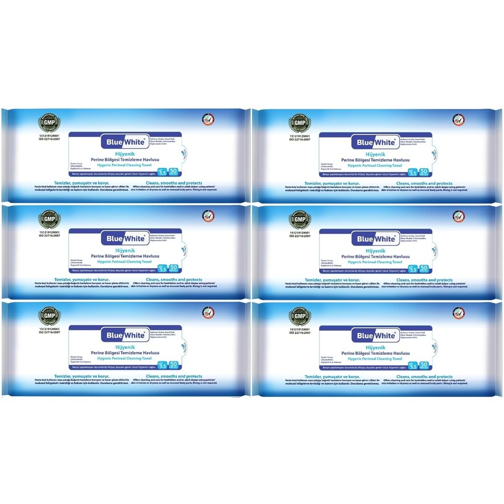 BlueWhite Yetişkin Perine Bölgesi Temizleme Mendil-Havlusu (6 lı set) 50 Yaprak Hijyenik