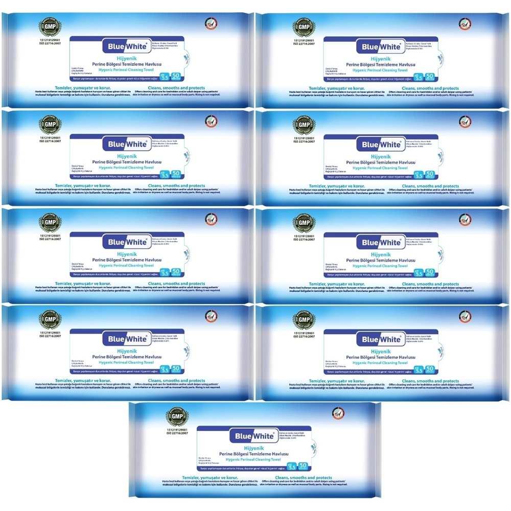 BlueWhite Yetişkin Perine Bölgesi Temizleme Mendil-Havlusu (9 lu set) 50 Yaprak Hijyenik