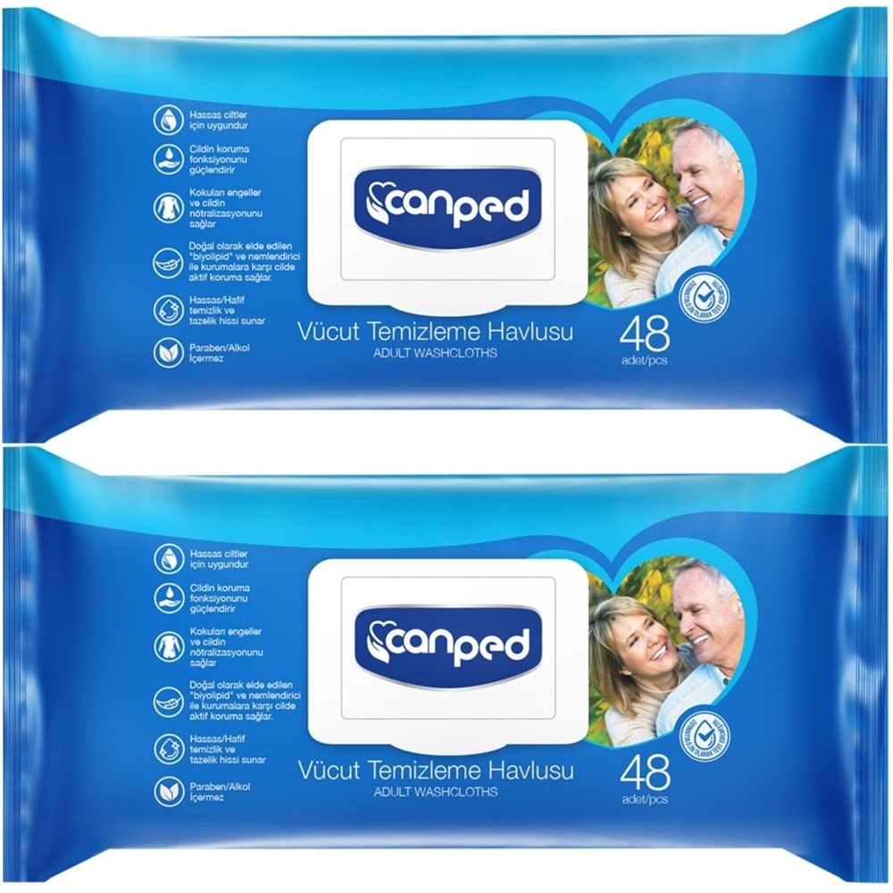 Canped Yetişkin Vücut Perine Temizleme Islak Mendil Havlu 48 Yaprak XL (2 Li Set) Plastik Kapaklı