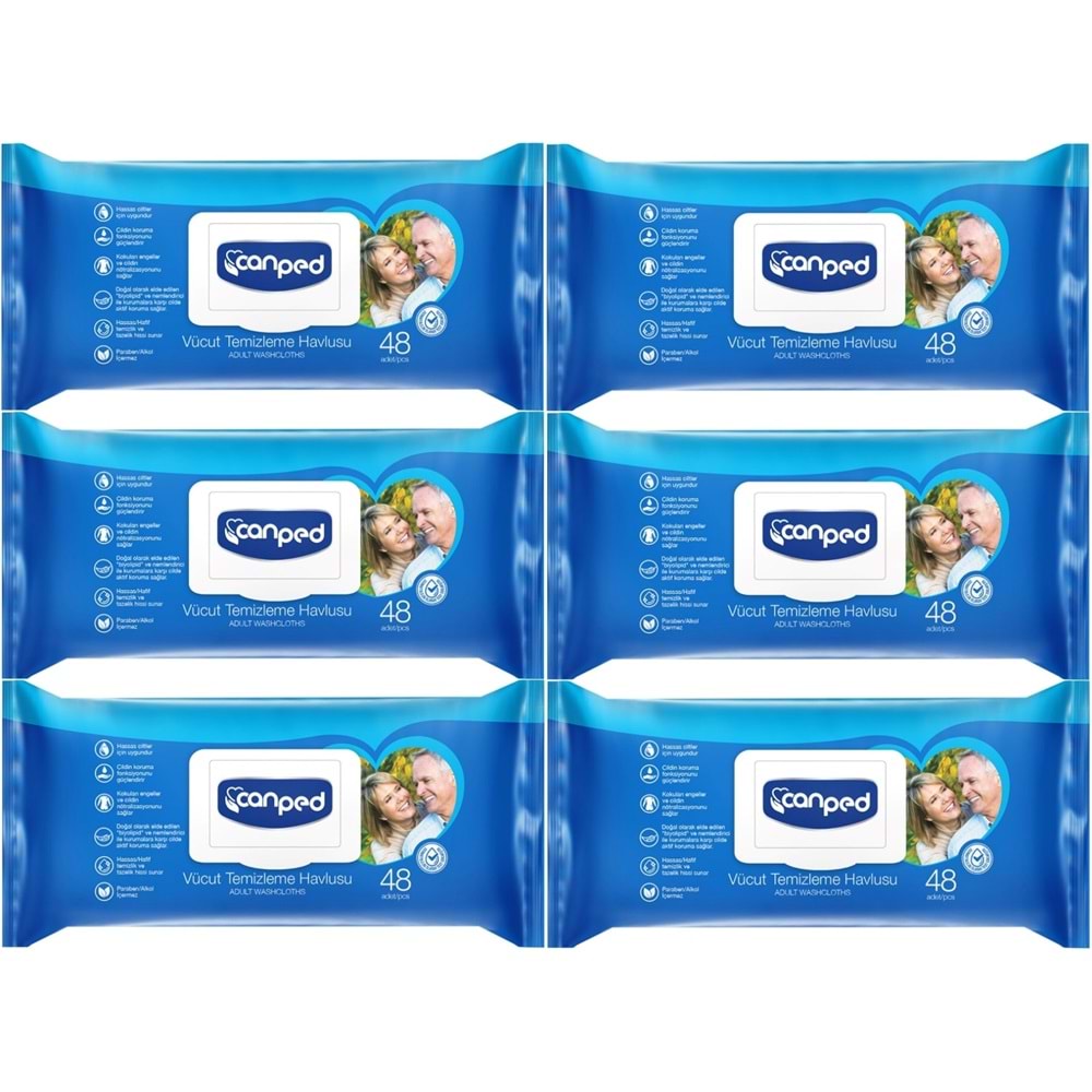 Canped Yetişkin Vücut Perine Temizleme Islak Mendil Havlu 48 Yaprak XL (6 Lı Set) Plastik Kapaklı