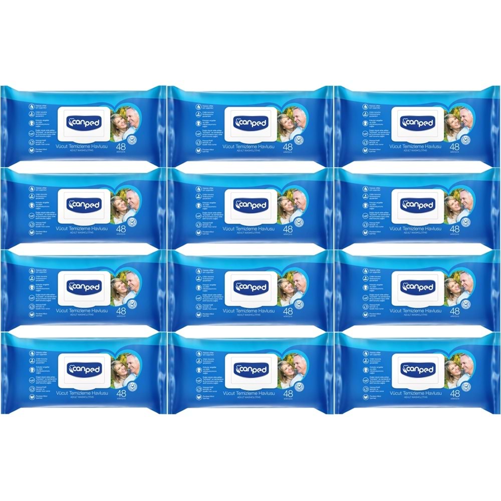 Canped Yetişkin Vücut Perine Temizleme Islak Mendil Havlu 48 Yaprak XL (12 Li Set) Plastik Kapaklı