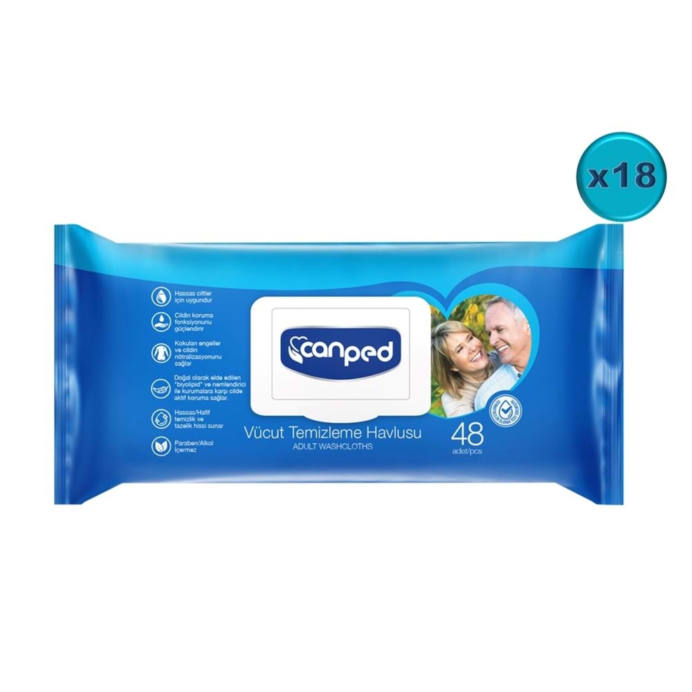 Canped Yetişkin Vücut Perine Temizleme Islak Mendil Havlu 48 Yaprak XL (18 Li Set) Plastik Kapaklı