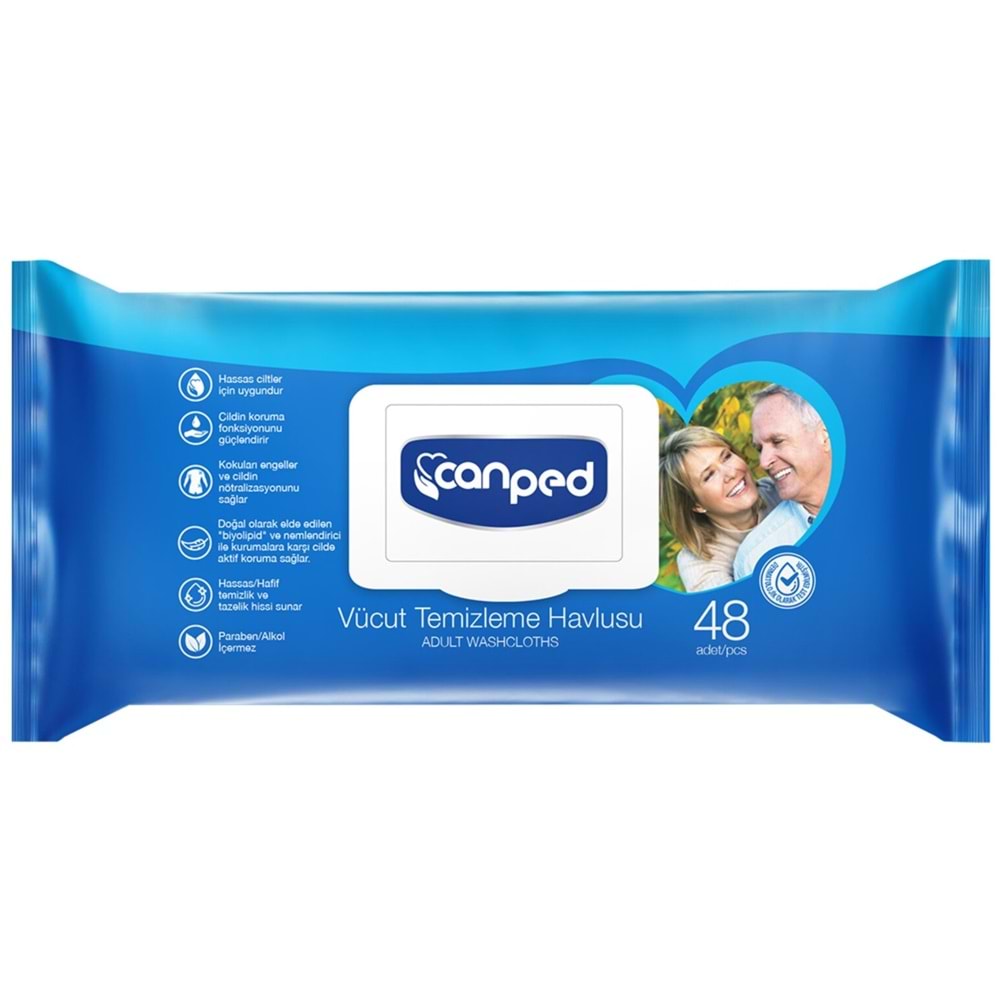 Canped Yetişkin Vücut Perine Temizleme Islak Mendil Havlu 48 Yaprak XL (24 Lü Set) Plastik Kapaklı