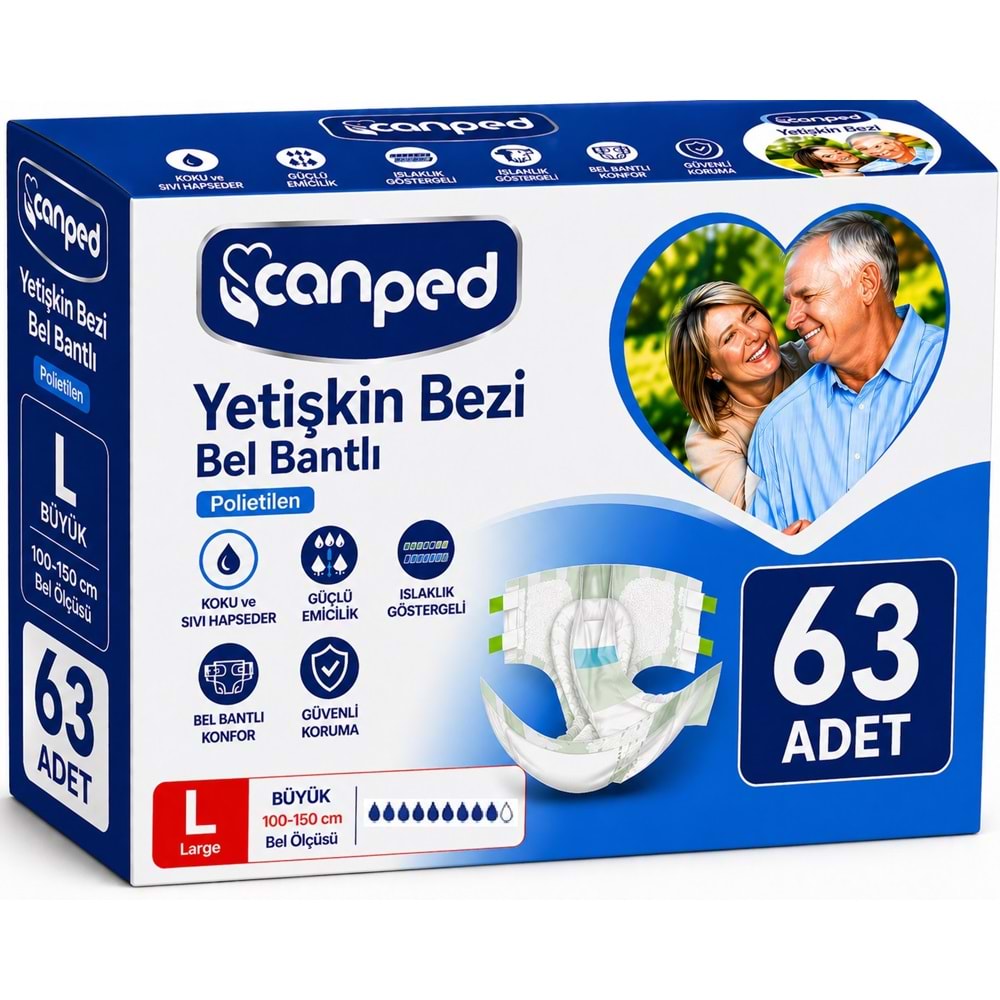 Canped Yetişkin Bezi Bel Bantlı Polietilen L - Büyük - Large 63 Adet
