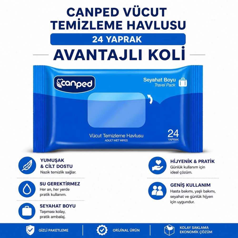 Canped Yetişkin Vücut Temizleme Islak Mendil Havlu 24 Yaprak Seyahat Boy 144 Lü Set (3456 Yaprak)