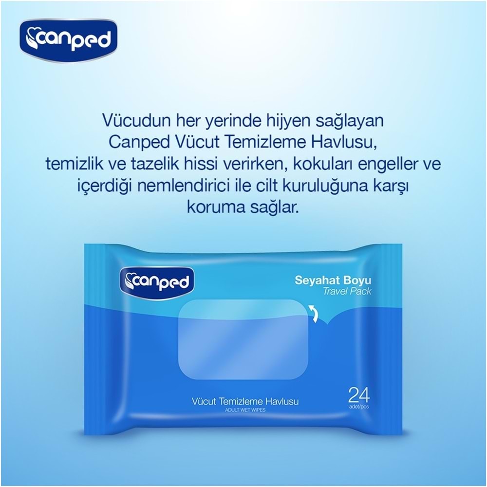 Canped Yetişkin Vücut Temizleme Islak Mendil Havlu 24 Yaprak Seyahat Boy 2 Li Set (48 Yaprak)