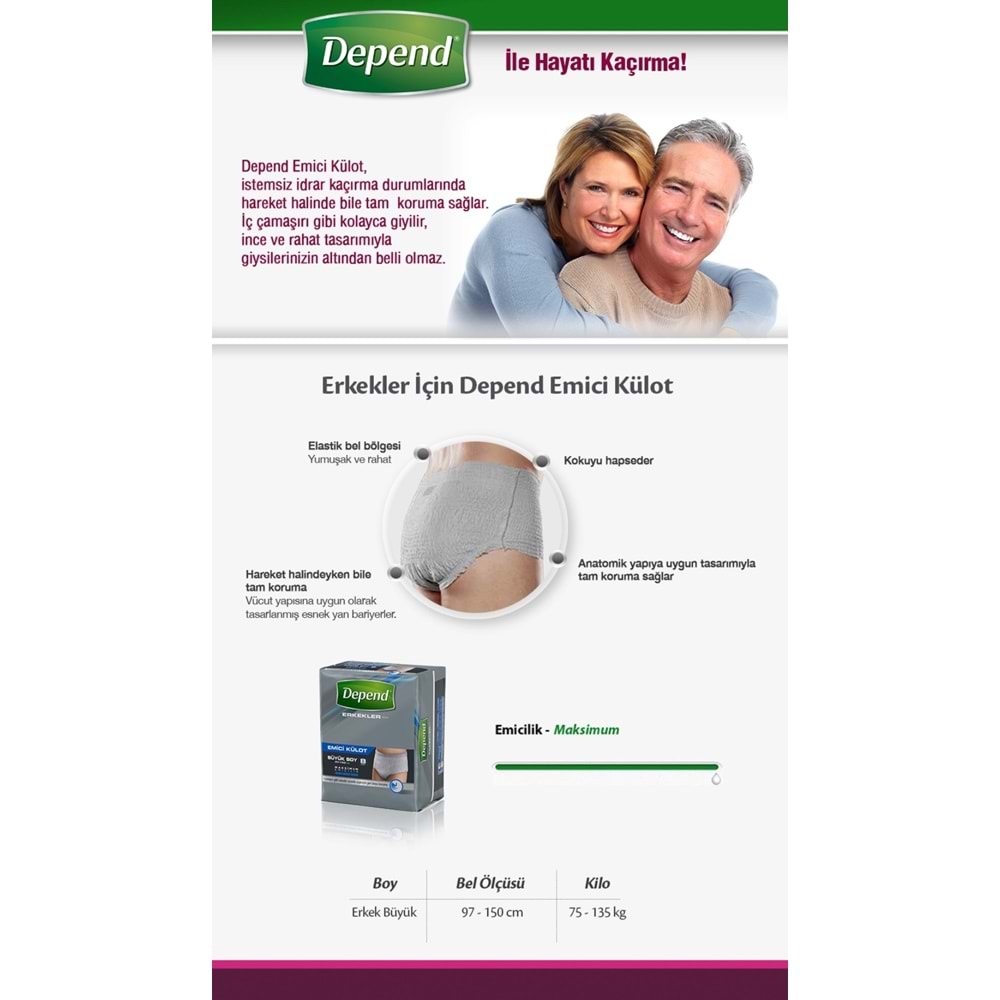 Depend Emici Külot Yetişkin Bezi Large - Büyük Erkek 30 Adet (3PK*10)