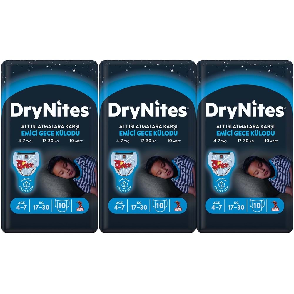 Drynites Emici Gece Külodu/Külot Bez Erkek 4-7 Yaş 17-30KG Small 30Adet 3PK*10 Alt Islatmalara Karşı