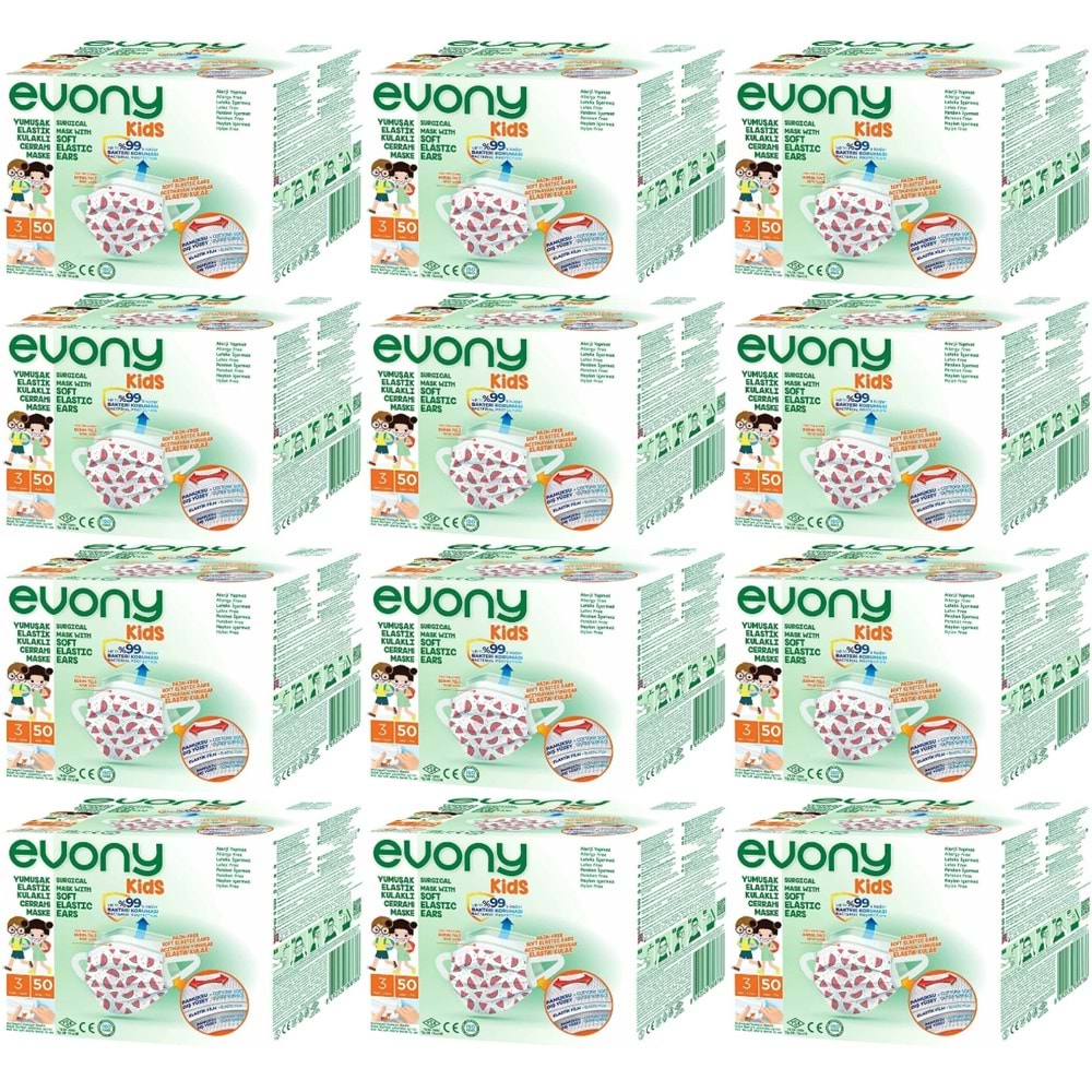 Evony 3 Katlı Filtreli Burun Telli Cerrahi Maske (Kids Çoçuklar İçin) 600 Lü Set (Desenli)