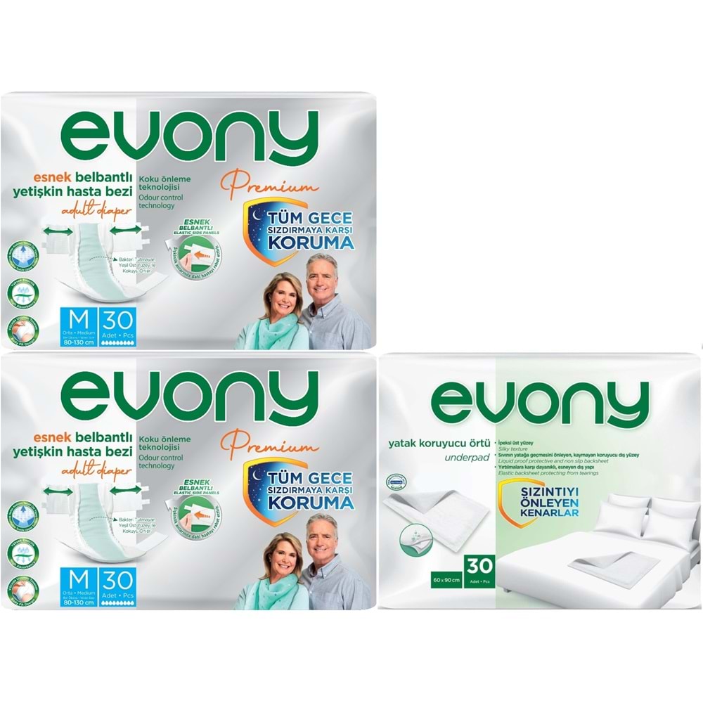 Evony Premium Yetişkin Bezi Bel Bantlı Tekstil Yüzey Orta 60 Adet+ Yatak Koruyucu Örtü 30 Adet