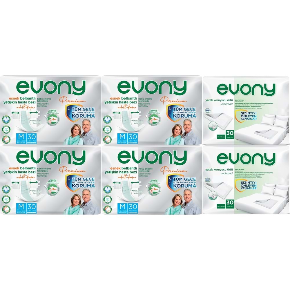 Evony Premium Yetişkin Bezi Bel Bantlı Tekstil Yüzey Orta 120 Adet+Yatak Koruyucu Örtü 60 Adet