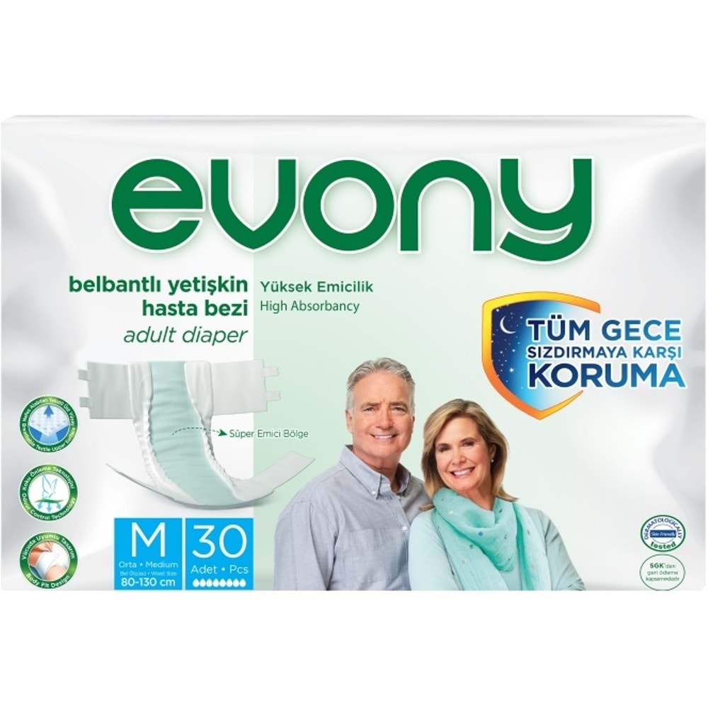 Evony Yetişkin Bezi Bel Bantlı Tekstil Yüzey Orta 30 Adet + Yatak Koruyucu Örtü 30 Adet