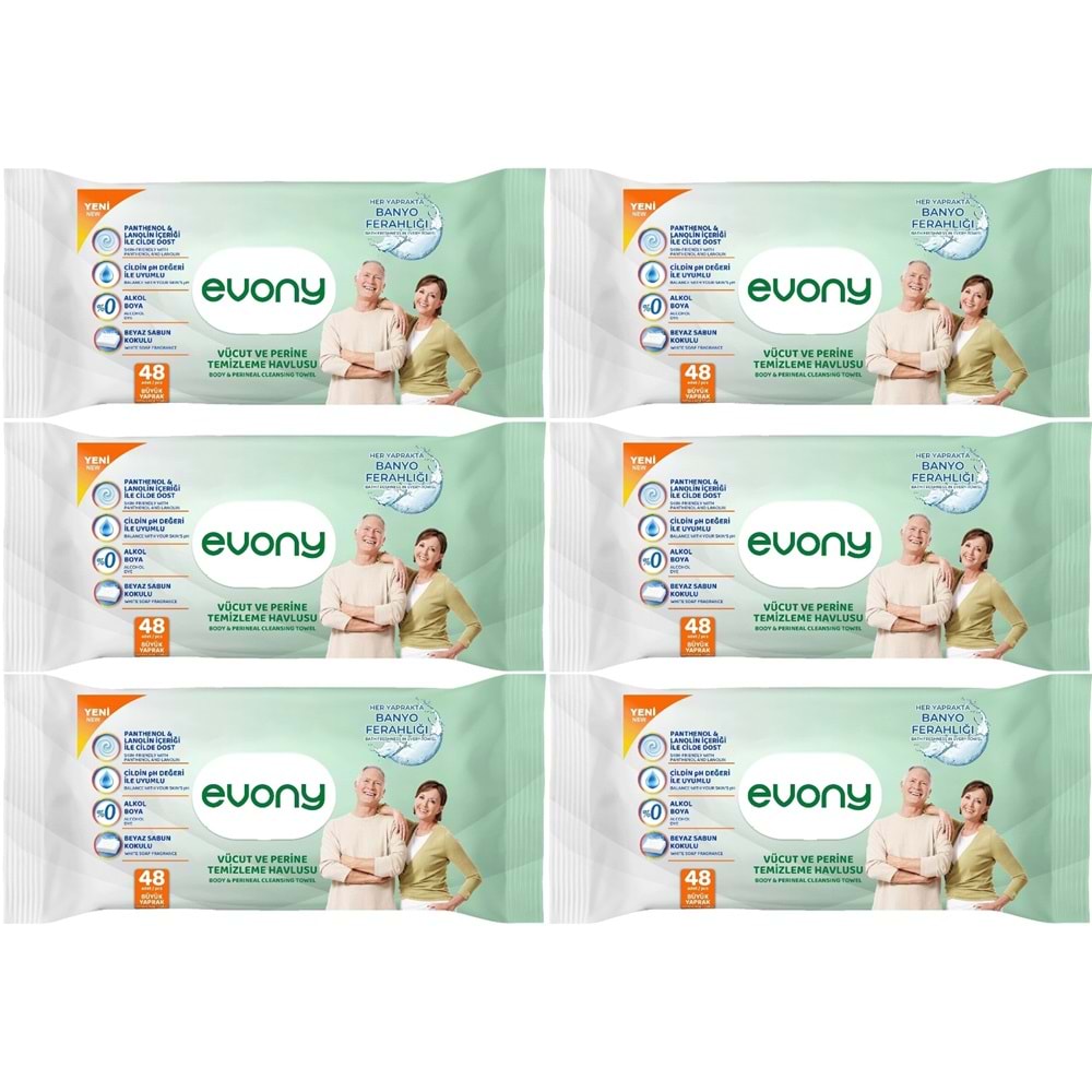Evony Yetişkin Vücut Perine Temizleme Islak Mendil Havlu 48 Yaprak XL Banyo Ferahlığı (6 Lı Set)