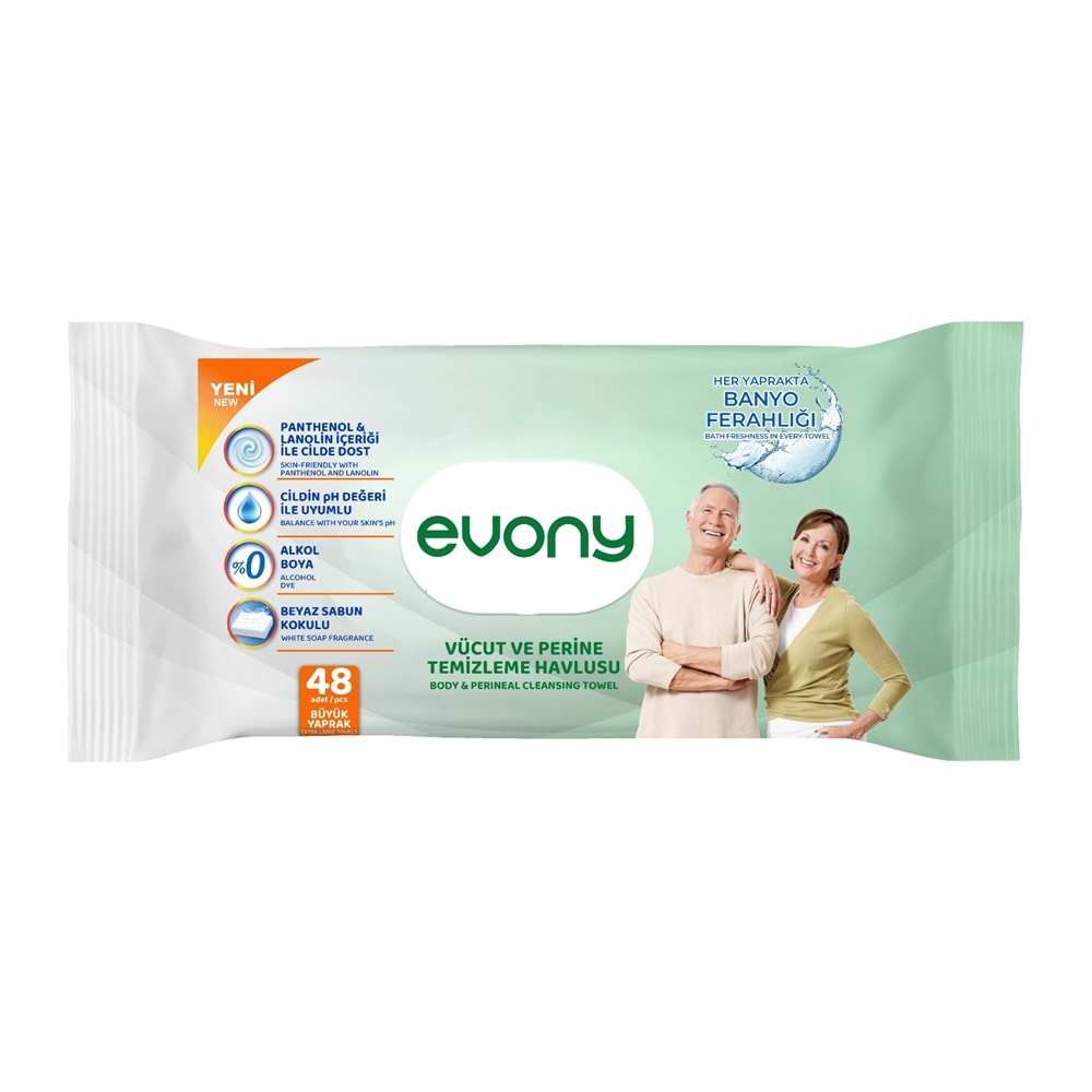 Evony Yetişkin Vücut Perine Temizleme Islak Mendil Havlu 48 Yaprak XL Banyo Ferahlığı (24 Lü Set)