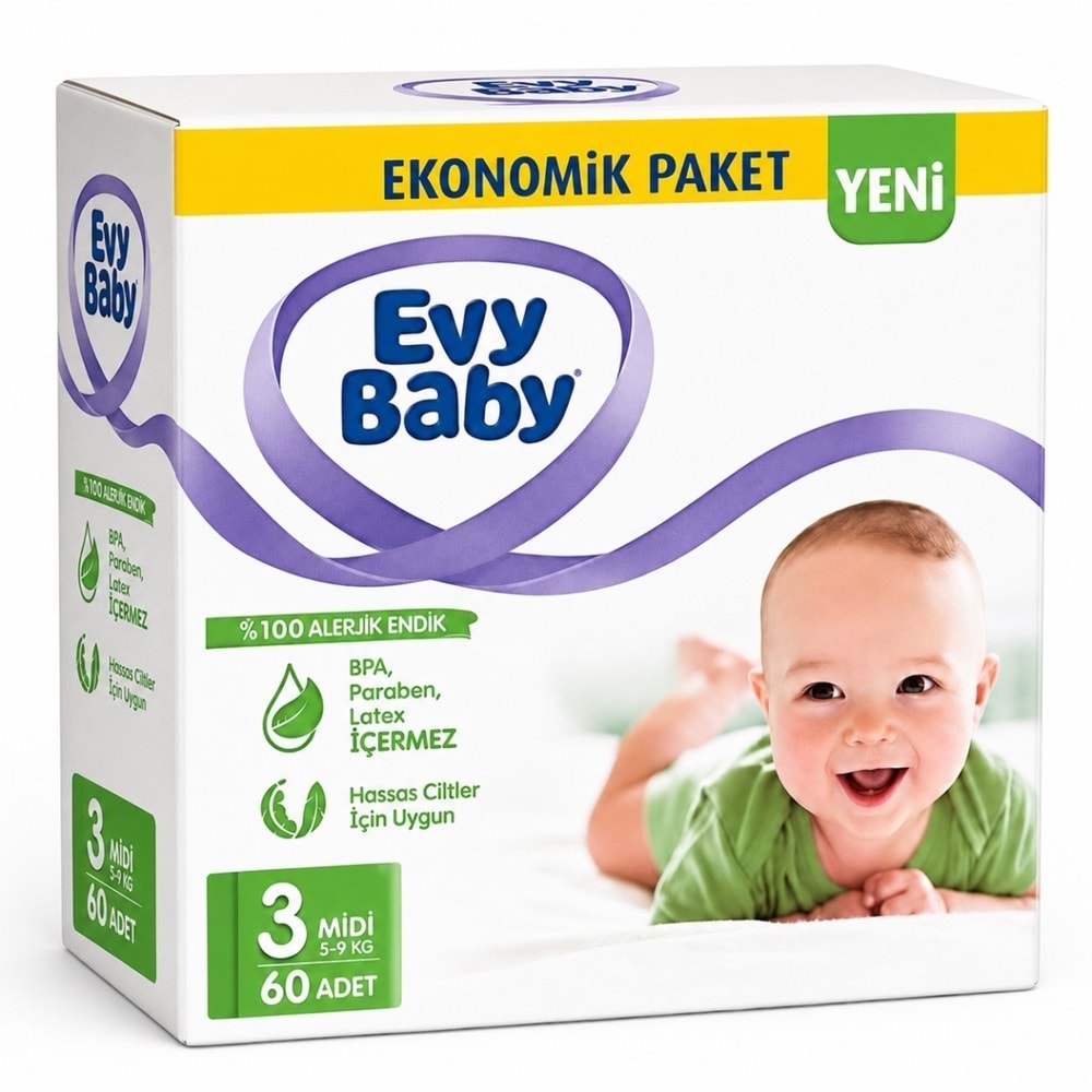 Evy Baby Bebek Bezi 3 Beden 5-9 KG Midi 60 Adet Süper Ekonomik Pk