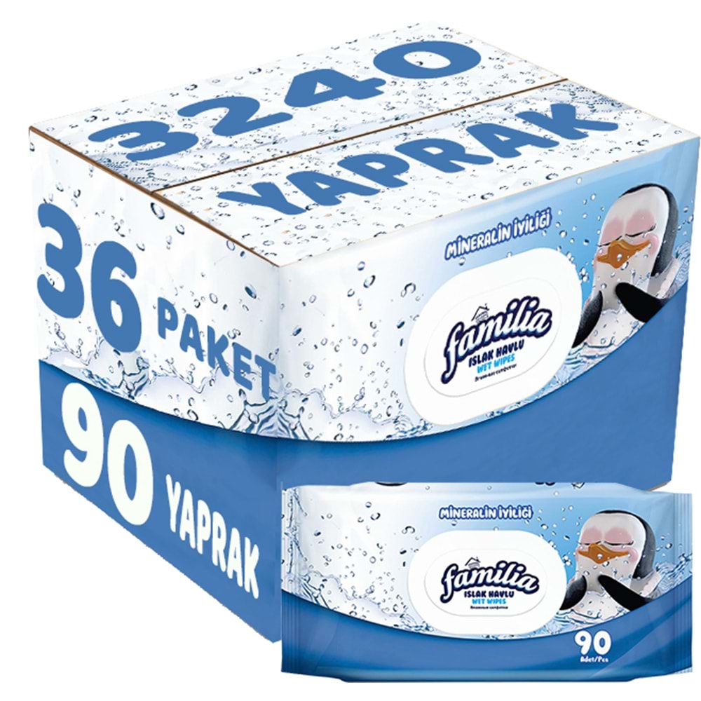 Familia Islak Havlu Mendil Mineralin İyiliği 90 Yaprak Plastik Kapaklı 36 Lı Set 3240 Yaprak