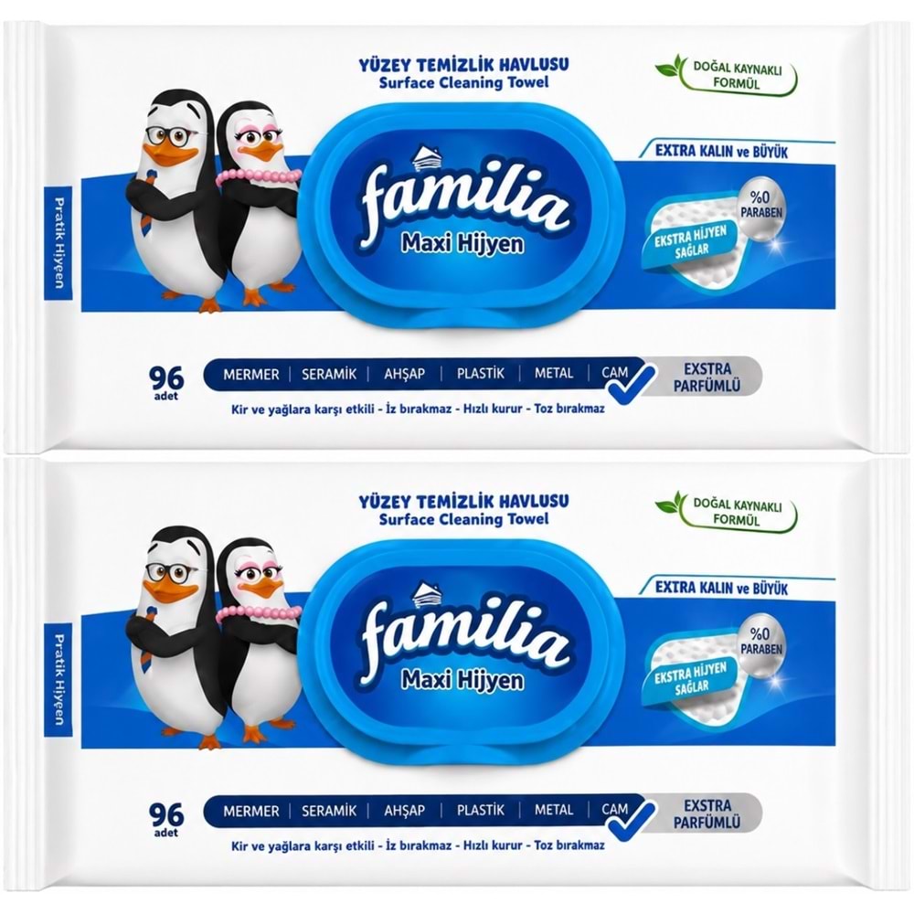 Familia Yüzey Temizlik Havlusu 96 Yaprak Maxi Hijyen Kabartma Doku Plastik Kapaklı 2 Li Set 192 Yprk