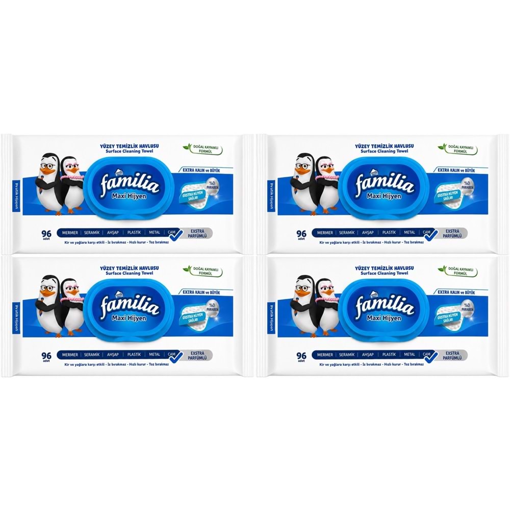 Familia Yüzey Temizlik Havlusu 96 Yaprak Maxi Hijyen Kabartma Doku Plastik Kapaklı 4 Lü Set 384 Yprk