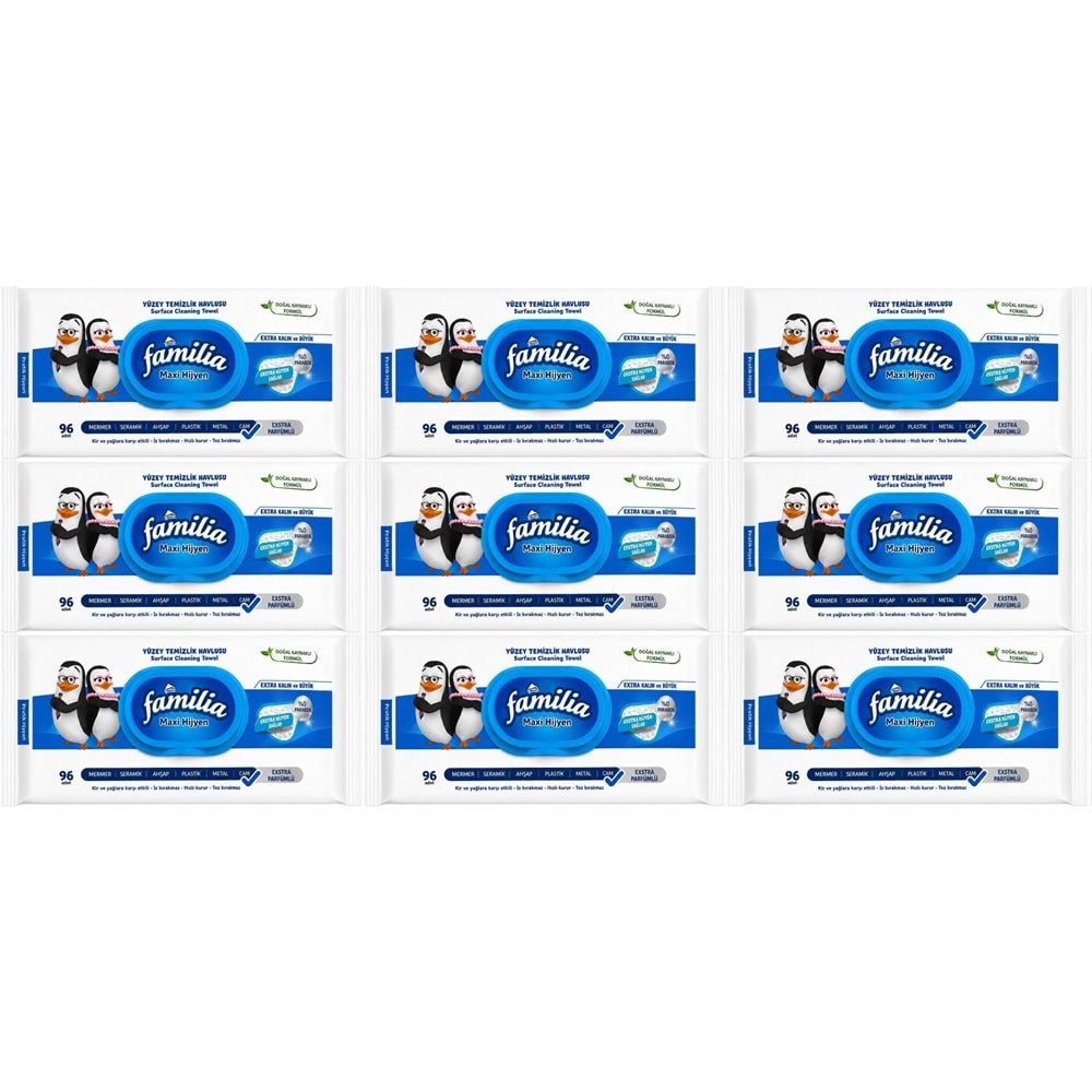Familia Yüzey Temizlik Havlusu 96 Yaprak Maxi Hijyen Kabartma Doku Plastik Kapaklı 9 Lu Set 864 Yprk