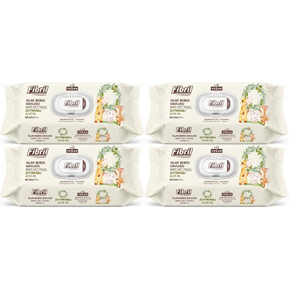 Fibril Islak Havlu Bebek Mendil 90 Yaprak Zeytinyağlı Plastik Kapaklı (4 Lü Set) 360 Yaprak