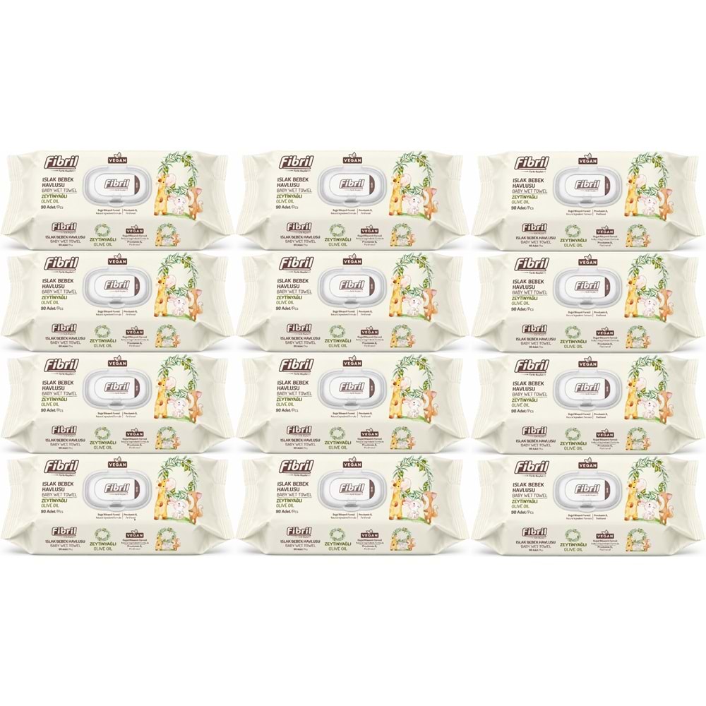 Fibril Islak Havlu Bebek Mendil 90 Yaprak Zeytinyağlı Plastik Kapaklı (12 Li Set) 1080 Yaprak
