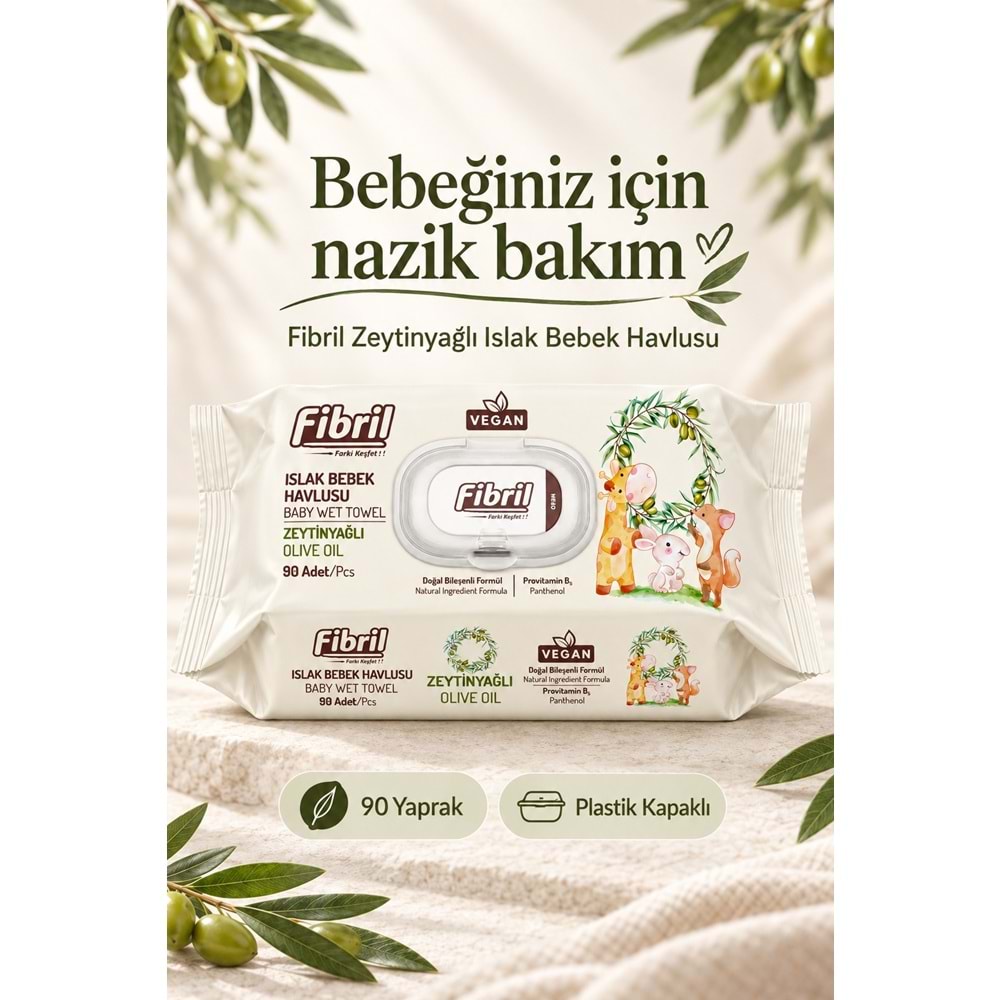 Fibril Islak Havlu Bebek Mendil 90 Yaprak Zeytinyağlı Plastik Kapaklı (48 Li Set) 4320 Yaprak