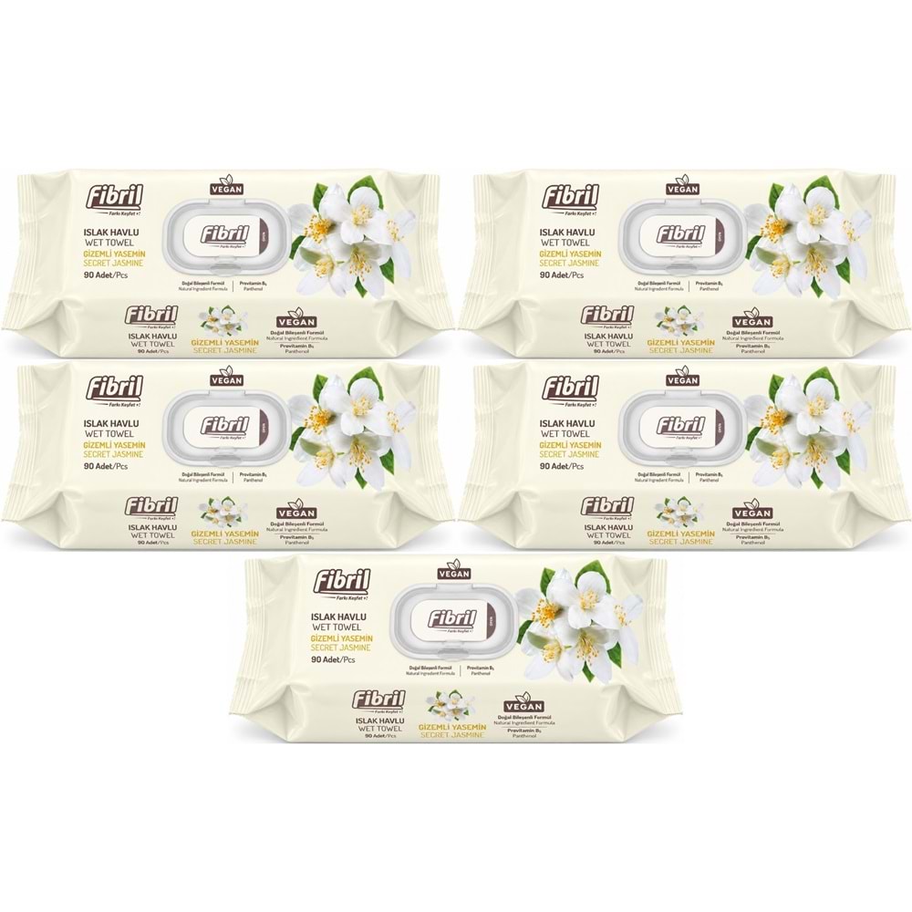 Fibril Islak Havlu Mendil 90 Yaprak Gizemli Yasemin Plastik Kapaklı (5 Li Set) 450 Yaprak