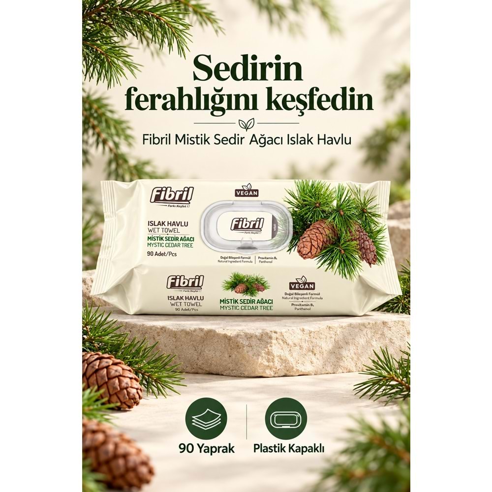 Fibril Islak Havlu Mendil 90 Yaprak Mistik Sedir Ağacı Plastik Kapaklı (48 Li Set) 4320 Yaprak