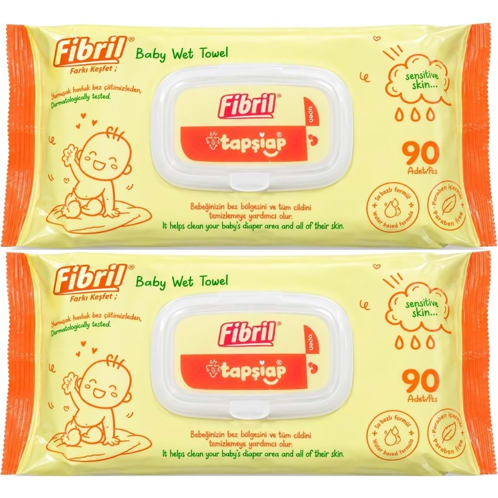 Fibril Islak Havlu Mendil 90 Yaprak Bebek Plastik Kapaklı (2 Li Set) 180 Yaprak