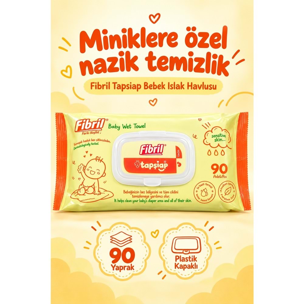 Fibril Islak Havlu Mendil 90 Yaprak Bebek Plastik Kapaklı (48 Li Set) 4320 Yaprak