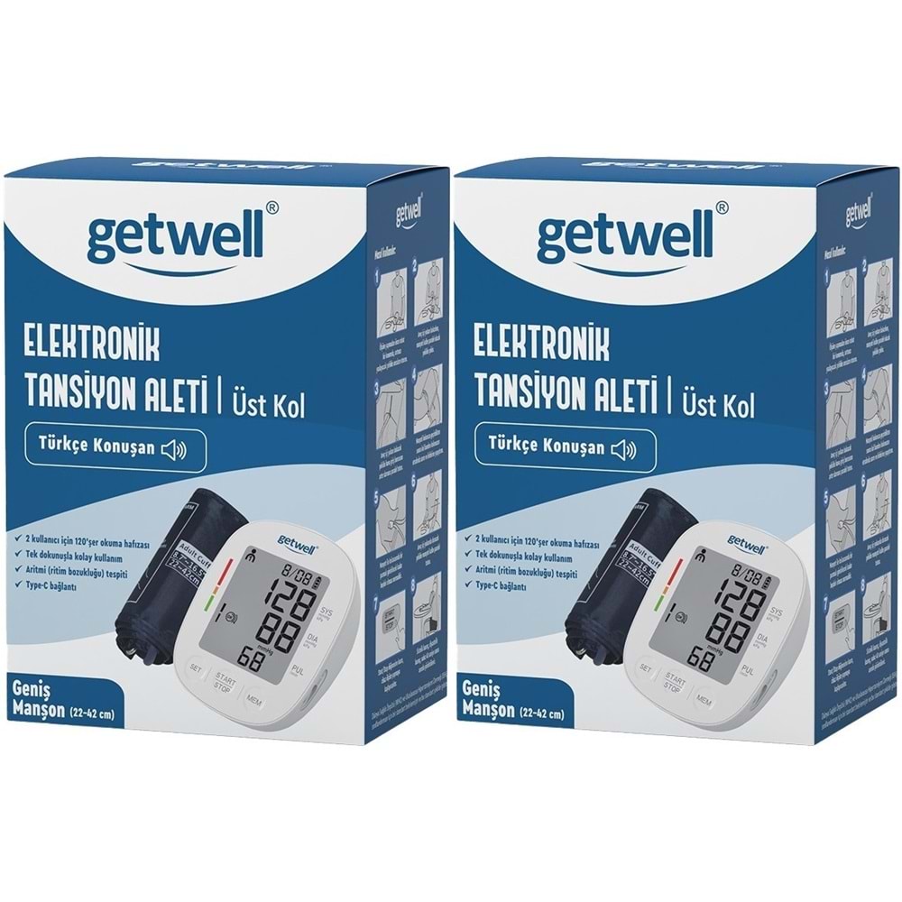 Getwell Konuşan Üst Koldan Tansiyon Aleti - Ölçme Cihazı (Geniş Manşon) (2 Li Set)