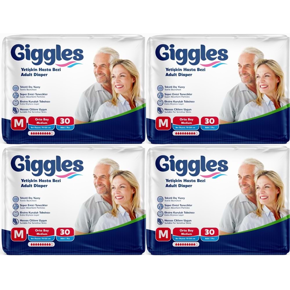 Giggles Yetişkin Bezi Bel Bantlı Tekstil Yüzey Orta - Medium (M) 120 Adet (4PK*30)