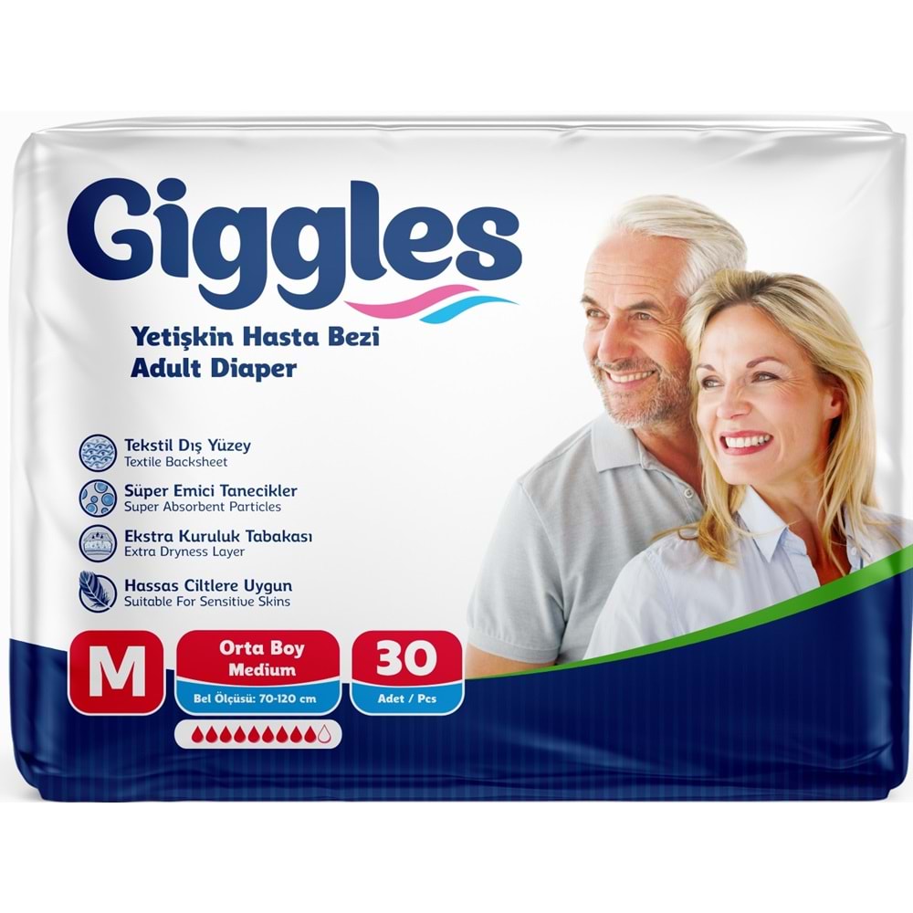 Giggles Yetişkin Bezi Bel Bantlı Tekstil Yüzey Orta - Medium (M) 180 Adet (6PK*30)