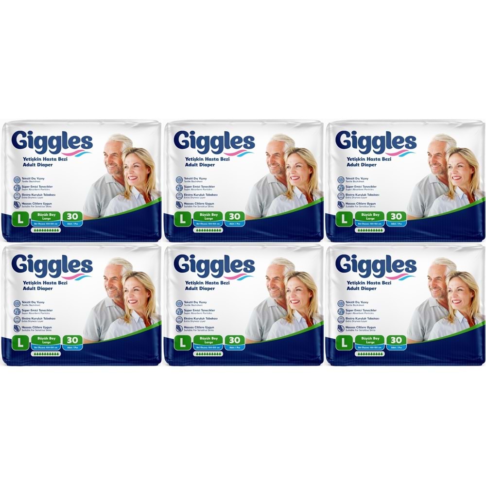 Giggles Yetişkin Bezi Bel Bantlı Tekstil Yüzey Büyük - Large (L) 180 Adet (6PK*30)